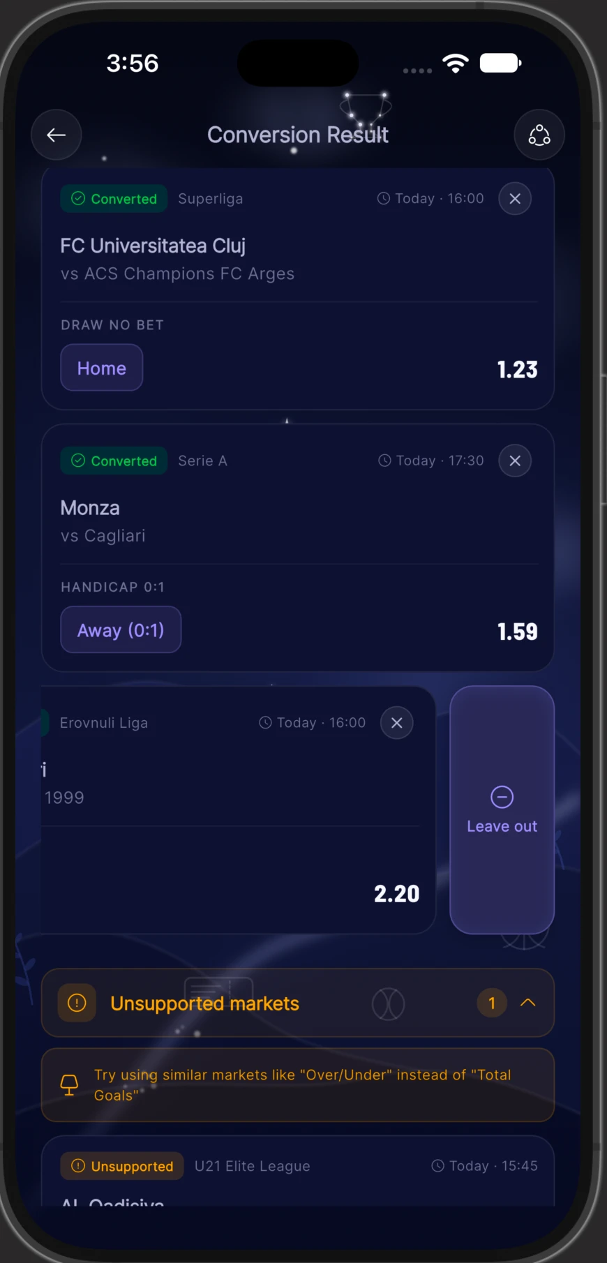 A converted slip in the MorphBET app: Draw No Bet, European Handicap, every leg priced on the new bookmaker